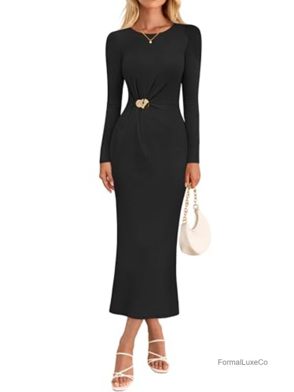 MEROKEETY Women's Long Sleeve Bodycon Midi Dress Ruched Twist Front Wedding